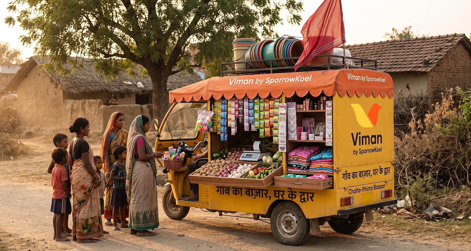 Viman cart with an orange canopy, fresh trays and a digital scale, serving women in a village lane