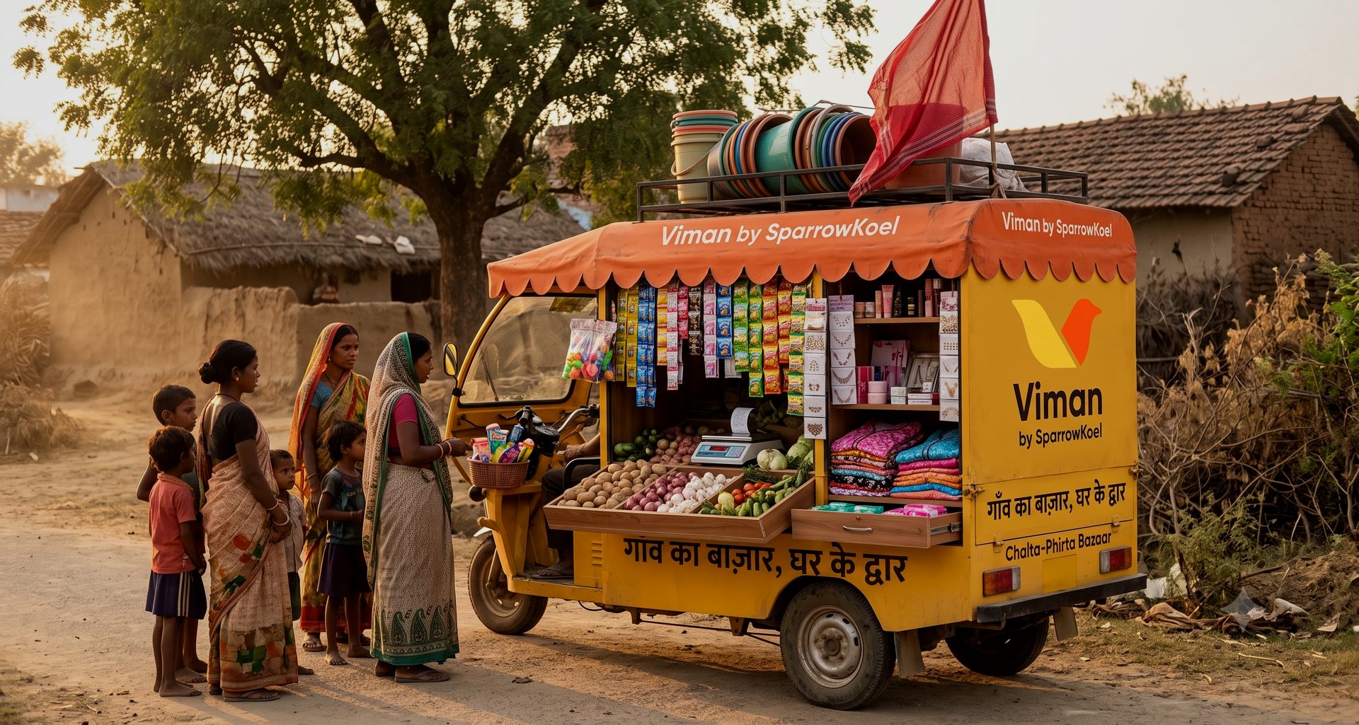 A Viman cart stopped in a village lane, women and children choosing vegetables and daily essentials